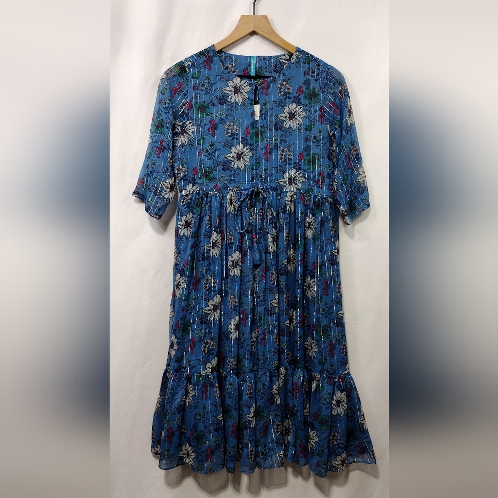 NWT Janasya Flowy Floral Print Flared Midi Dress Women's S Blue Cottagecore